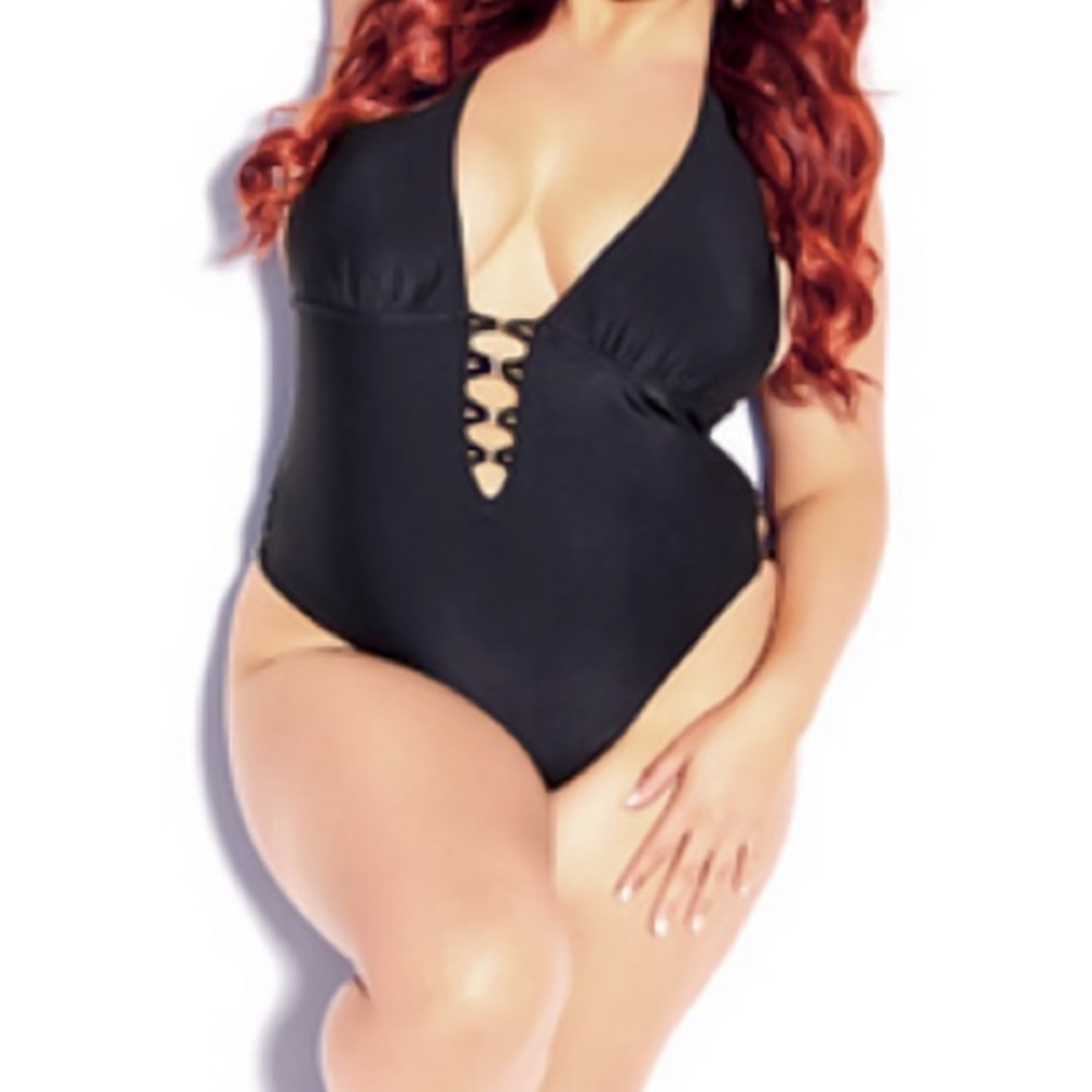 New City Chic Sexy Black Plunging Neckline One Piece Halter Swimsuit size 18